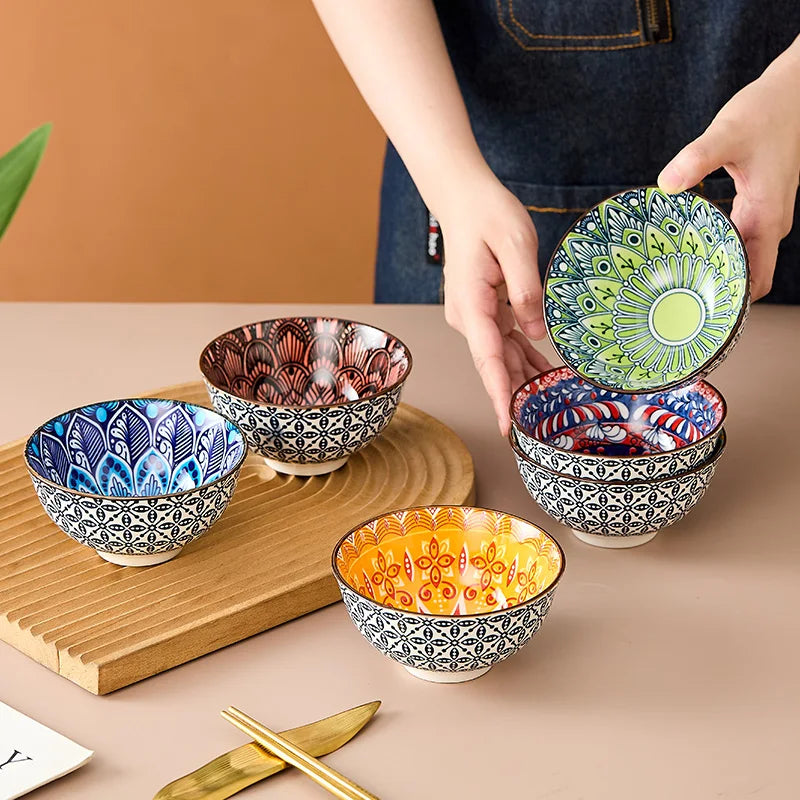 6-Piece Bohemian Mandala Ceramic Bowls - Dishwasher & Microwave Safe, Perfect for Cereal, Soup, Pasta, Salad, Ice Cream Bowls Quake