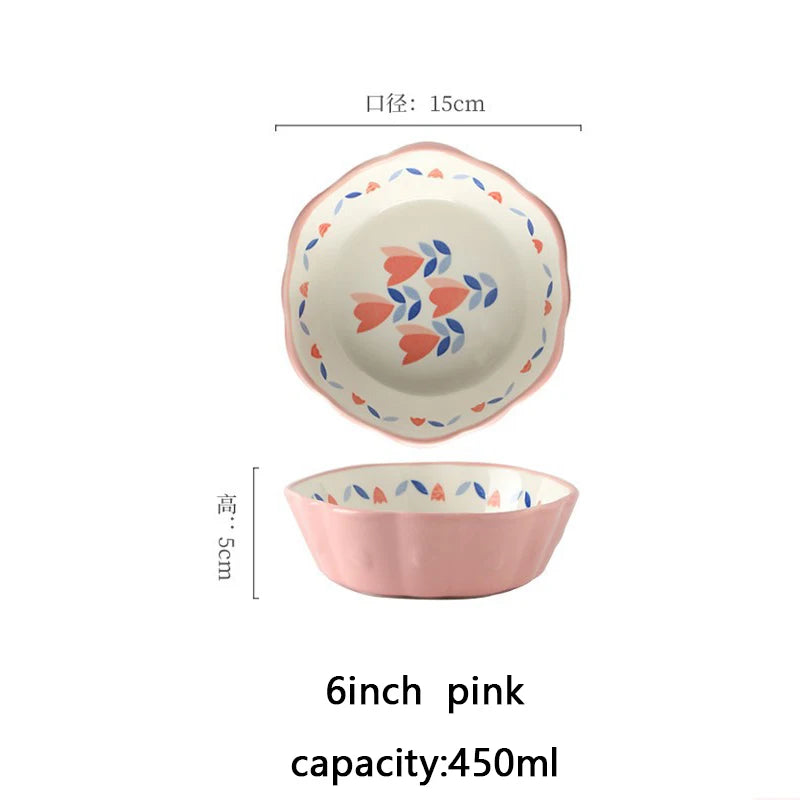 YWDL Heat Resistant Ceramic Salad Bowl With Wavy Edges Dessert Bowl Kitchen Fruit Dish Microwave Oven Oven Safety 6inch Quake pink
