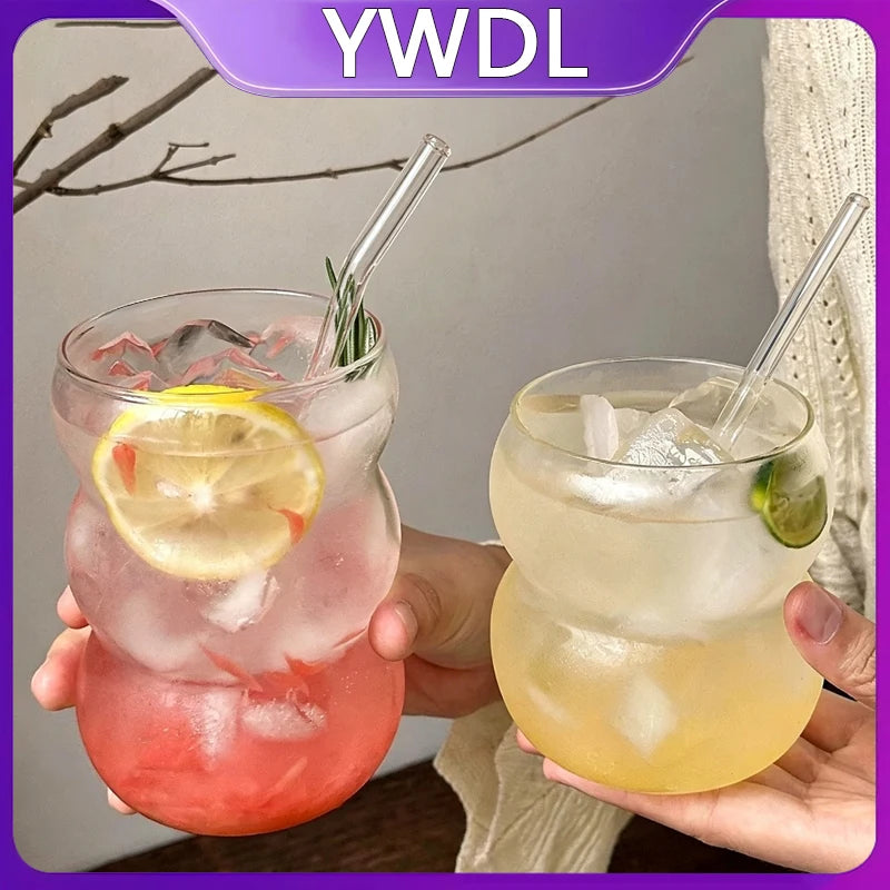 YWDL Transparent Glass Cup with Straw 350/550ml Cold Coffee Dessert Juice Milk Drinkware Mug Party Cocktail Teacup Quake