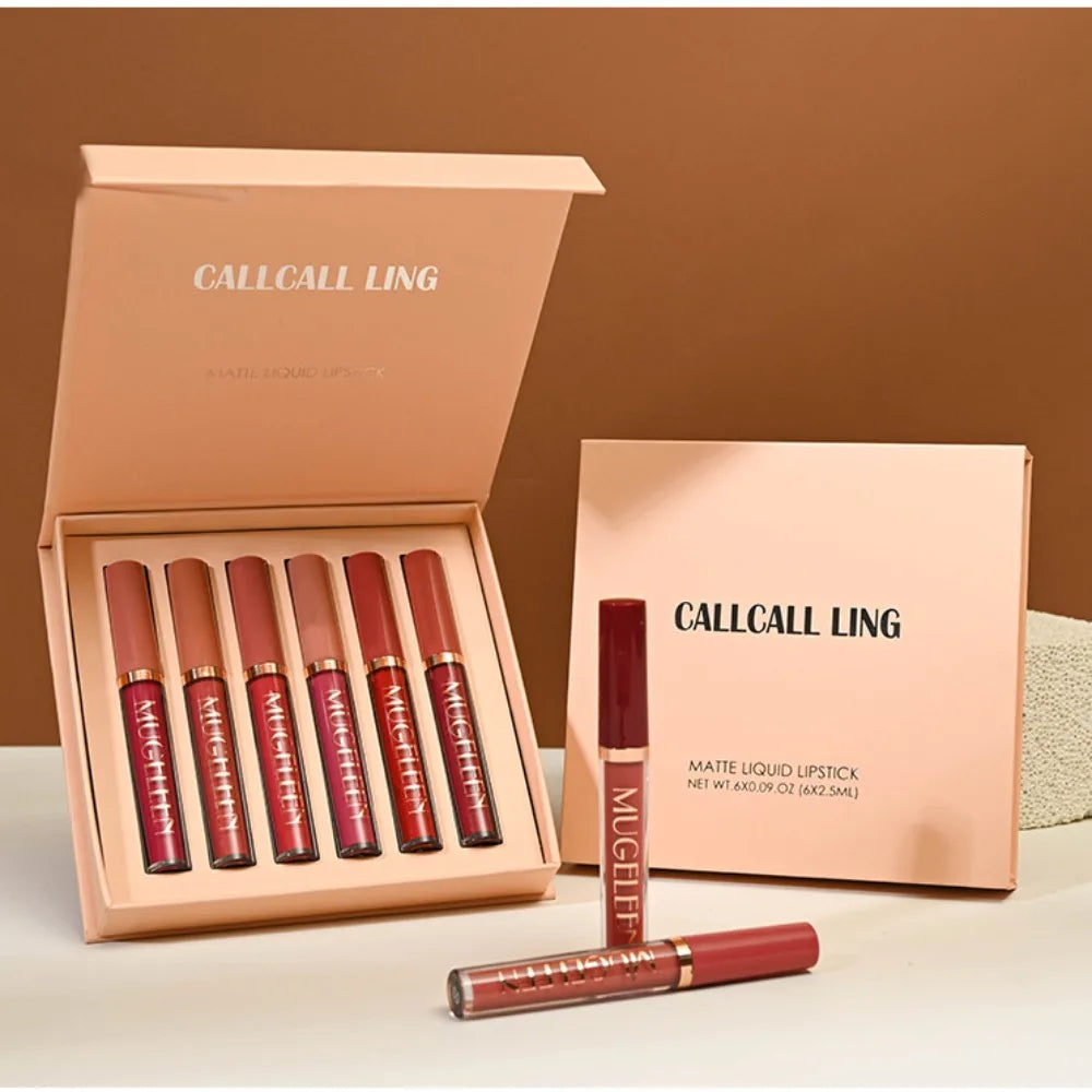 MUGE LEEN Velvet Matte Liquid Lipstick Set Non-Stick Cup Lip Glaze 6-Pack European & American Makeup Style Quake 6 COLORS