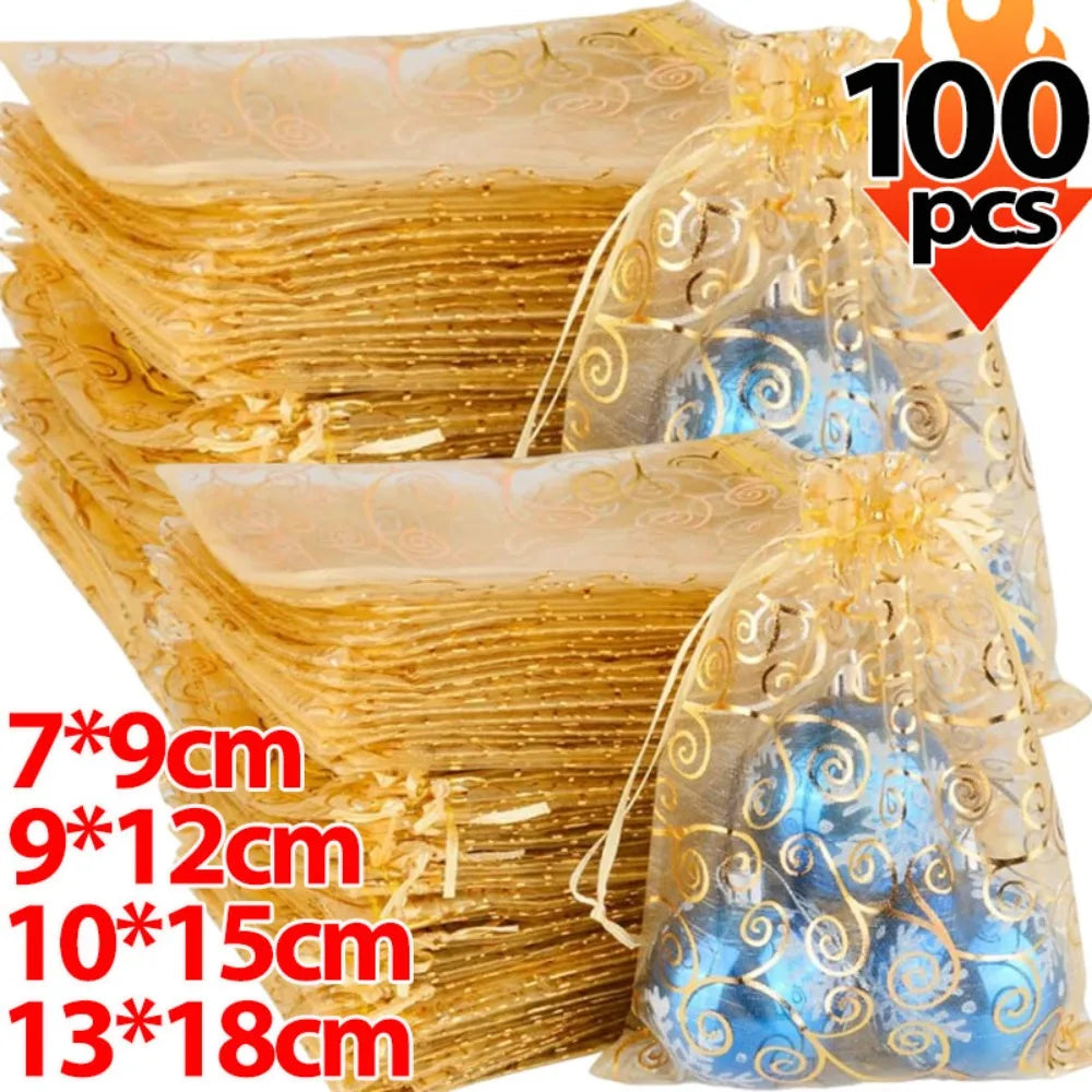 Golden Mesh Drawstring Bag Organza Gift Candy Bags Rattan Printed Jewelry Storage Bag Christmas Wedding Party Favors Pouches Quake