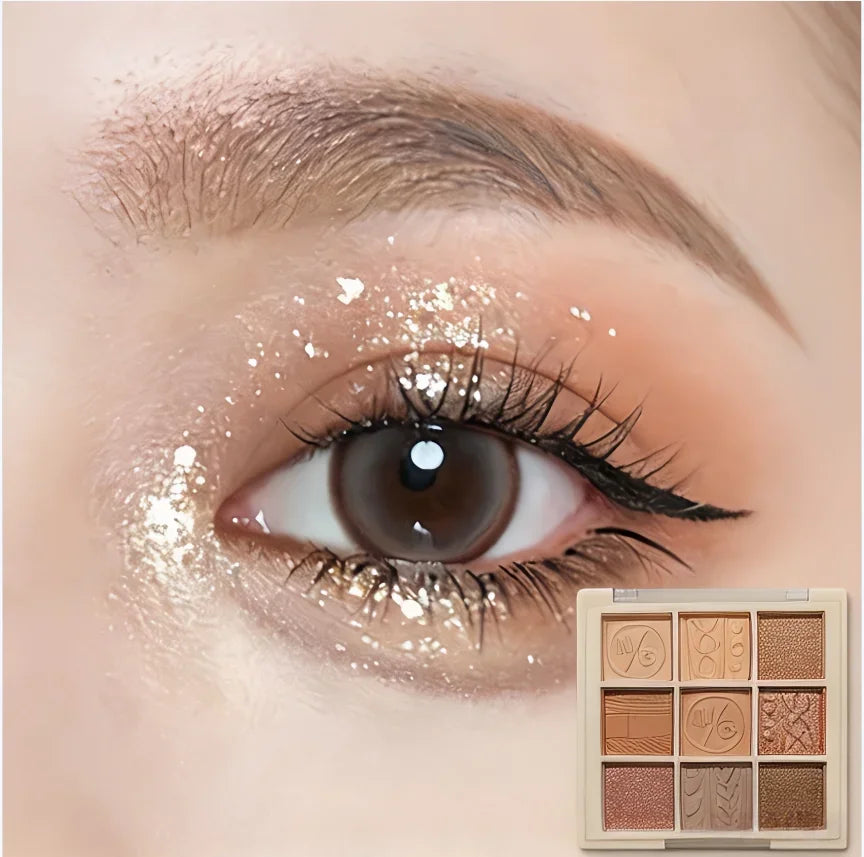 9-Grid Knitted Brown Eyeshadow Palette Matte & Shimmer 9 Colors Natural Waterproof for Graduation Prom Makeup Quake