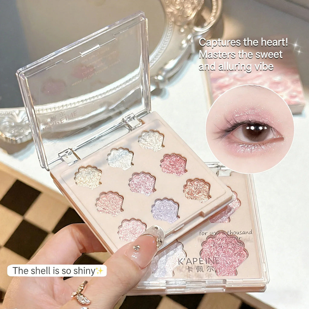 Shimmering Star Shell 9-Color Eyeshadow Palette Mermaid Sparkle Glitter Highlighter Eye Makeup for Graduation Party Glam Quake