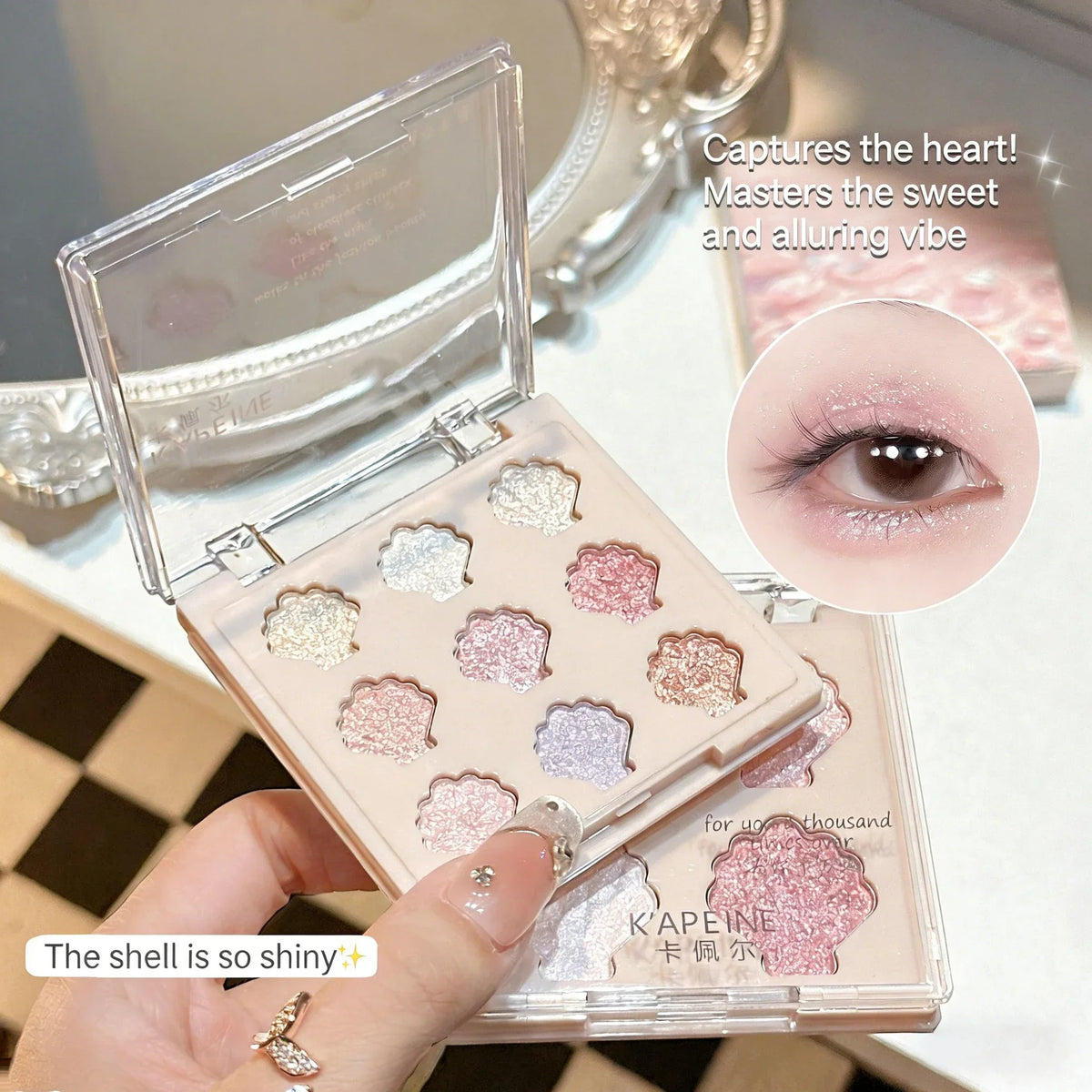 Shimmering Star Shell 9-Color Eyeshadow Palette Mermaid Sparkle Glitter Highlighter Eye Makeup for Graduation Party Glam Quake