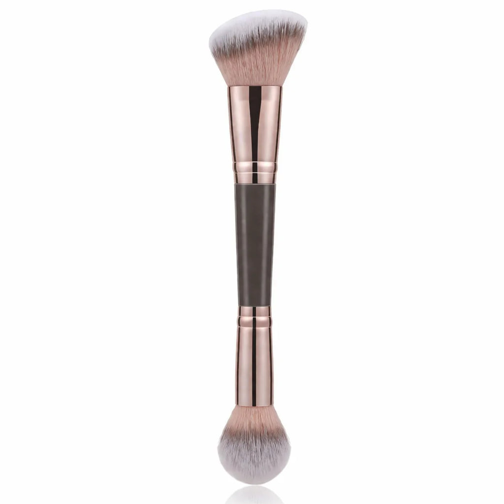 Double Ended Bronzer Brush Angled & Round Contour Brushes for Beauty Blending Liquid Powder, Concealer Cream Cosmetics Blush Quake Brown