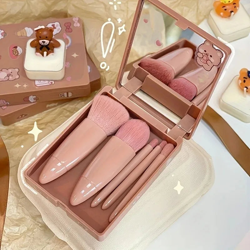 5Pcs Portable Makeup Brush Set with Mirror -Foldable Travel Kit Mini Makeup Brush Set Multifunctional Travel Makeup Brush Set Quake