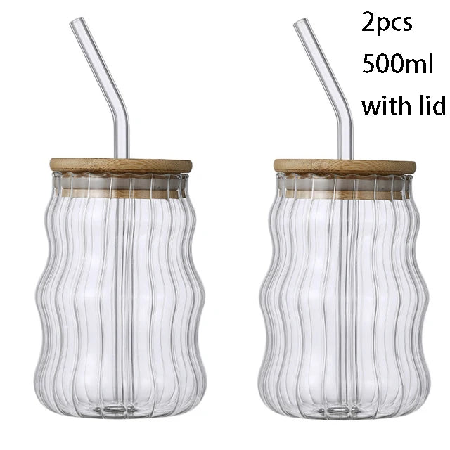 YWDL 1/2pcs 500ml Glass Tumblers Cups With Straw Mason Jar Clear Juice Coffee Milk Cup With Bamboo Lids Drinkware Quake 500ml stripe 2pcs