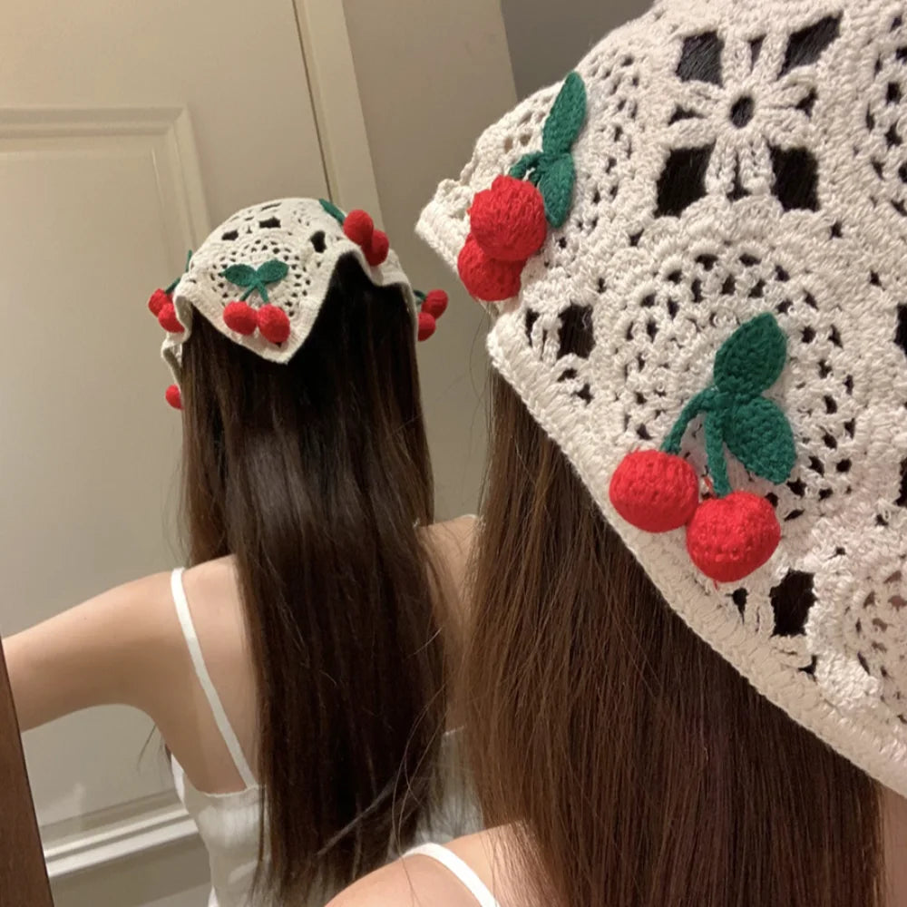 Knitted Triangle Headband Cute Little Cherry French Pastoral Style Headband Towel Handmade Crochet Headscarf Hat Girls Quake