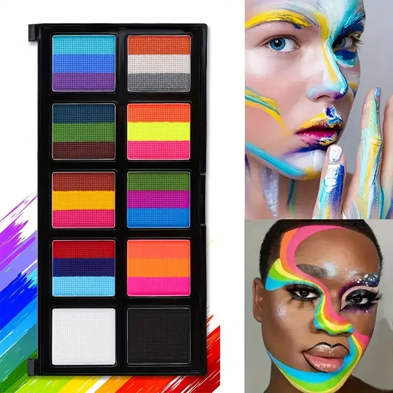 10 Colors Face Body Palette with Brushes and Palettes for Halloween,Christmas Body Painting,Easy to Clean, Long-Lasting Effects Quake Face Body B