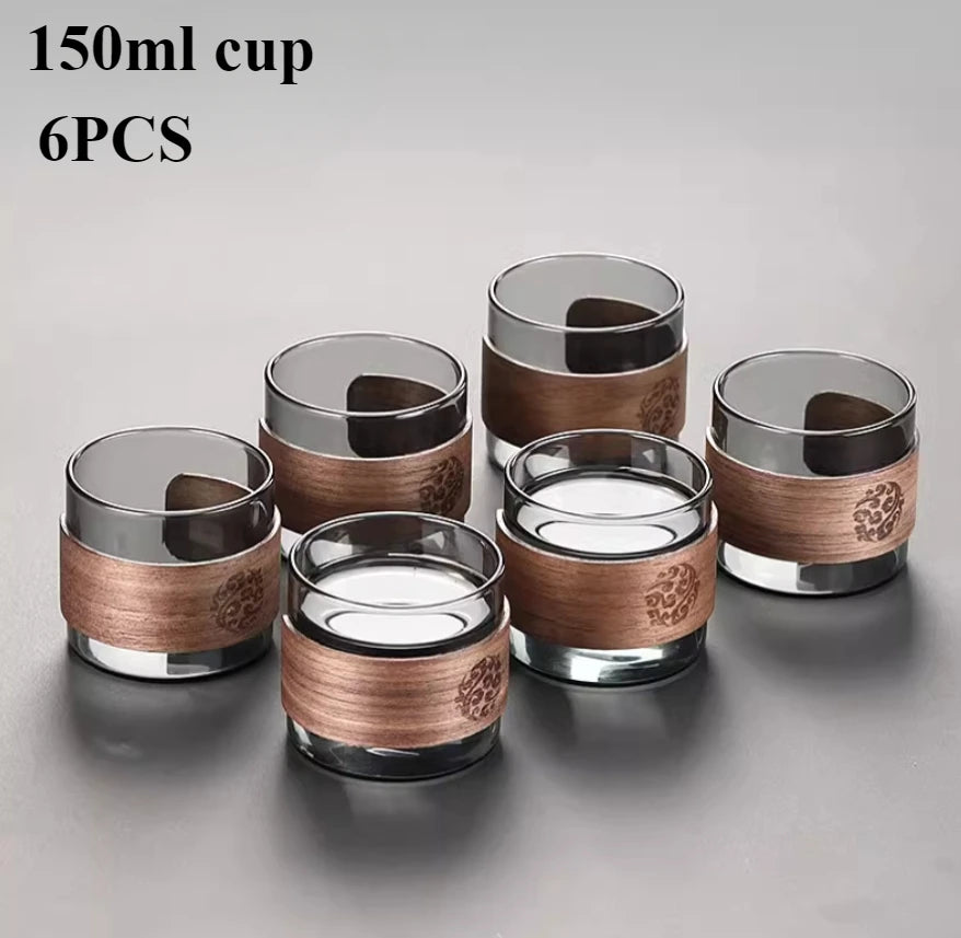 Thickened Glass Tea Cup with Wooden Ring Heat-resistant and Heat-resistant Water Cup Master Cup Household Glass Cup Coffee Cup Quake 6pcs 150ml 301-400ml