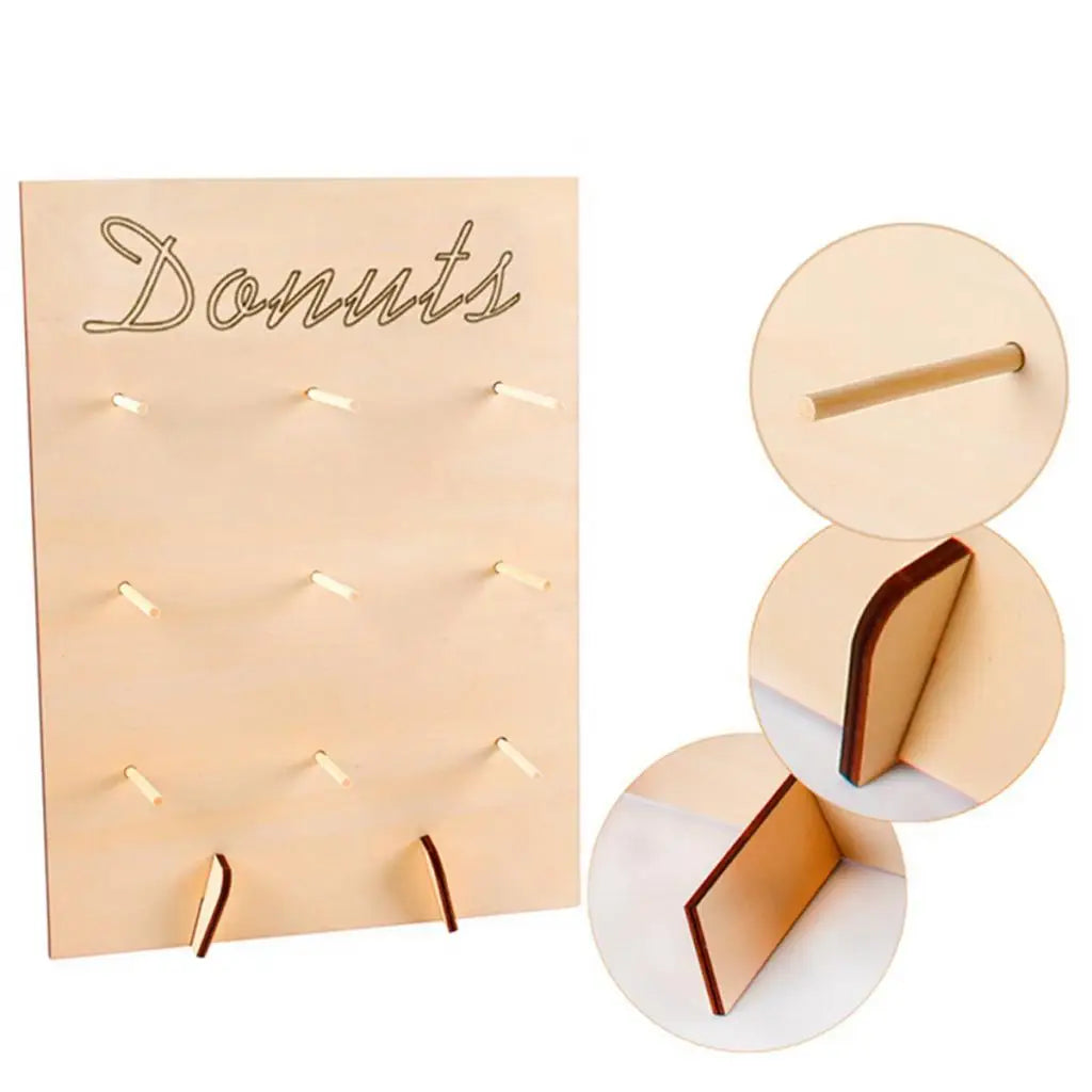 Doughnut Sweet Cart Treat Stand Wooden Donut Plank Rack with 9 Pegs Dessert Board Cake Stand Decoration for Bridal Shower Quake