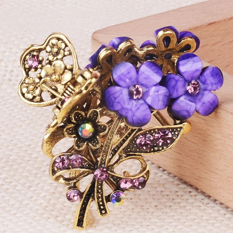 Vintage Crystal Flower Hair Claw Korean Simple Elegant Ponytail Clip Female Ladies Hair Styling Accessories Mother's Day Gifts Quake