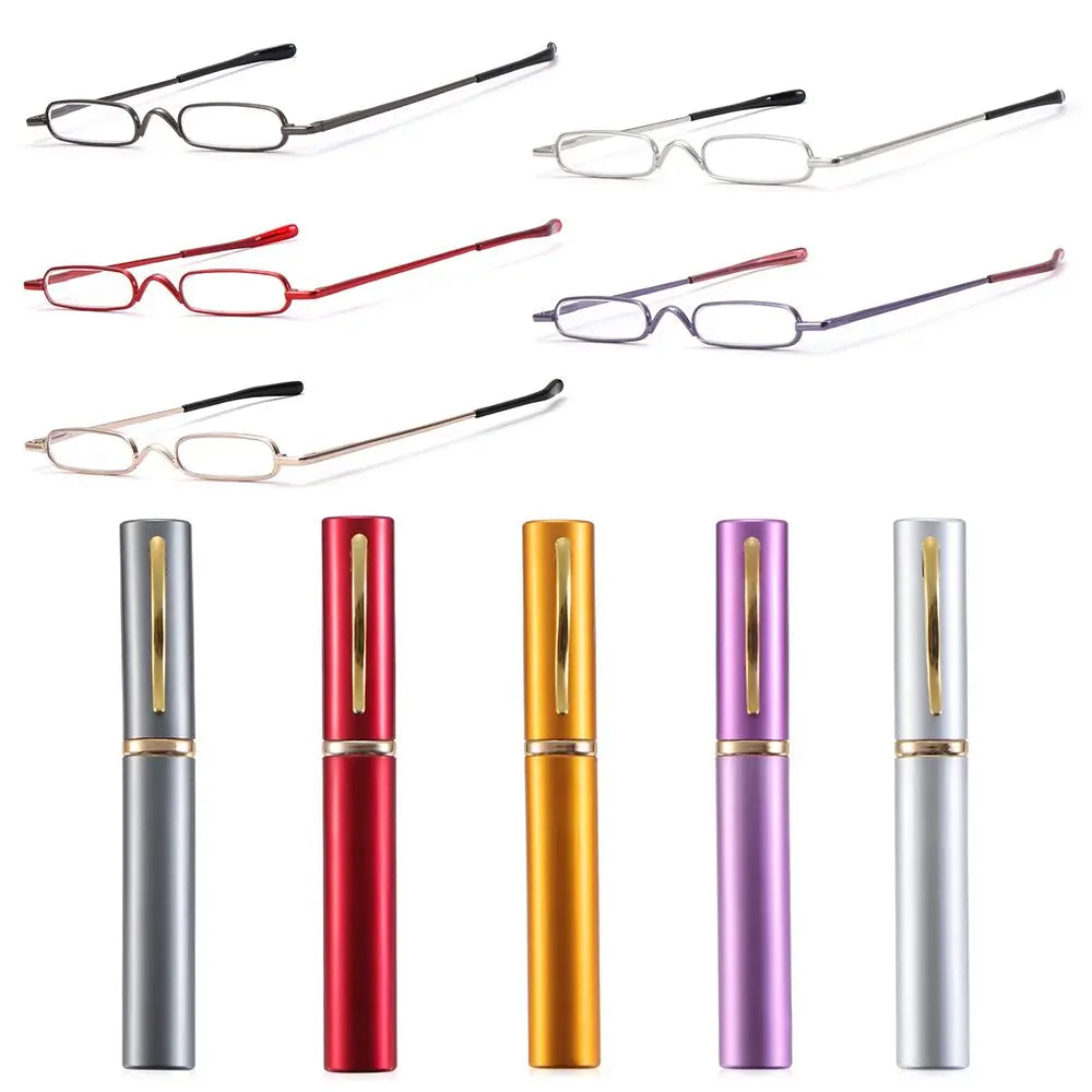 Compact Spring Hinged Men Women Eyeglasses Readers with Pen Clip Tube Case Slim Pen Reading Glasses Slim Reading Glasses Quake