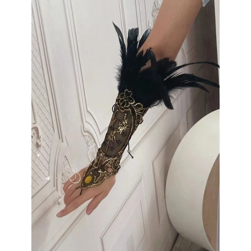 Retro Black and White Feather Lace Handguard Exotic Style Lolita Hanfu Ancient Style Styling Matching Quake Black Feather 1pcs