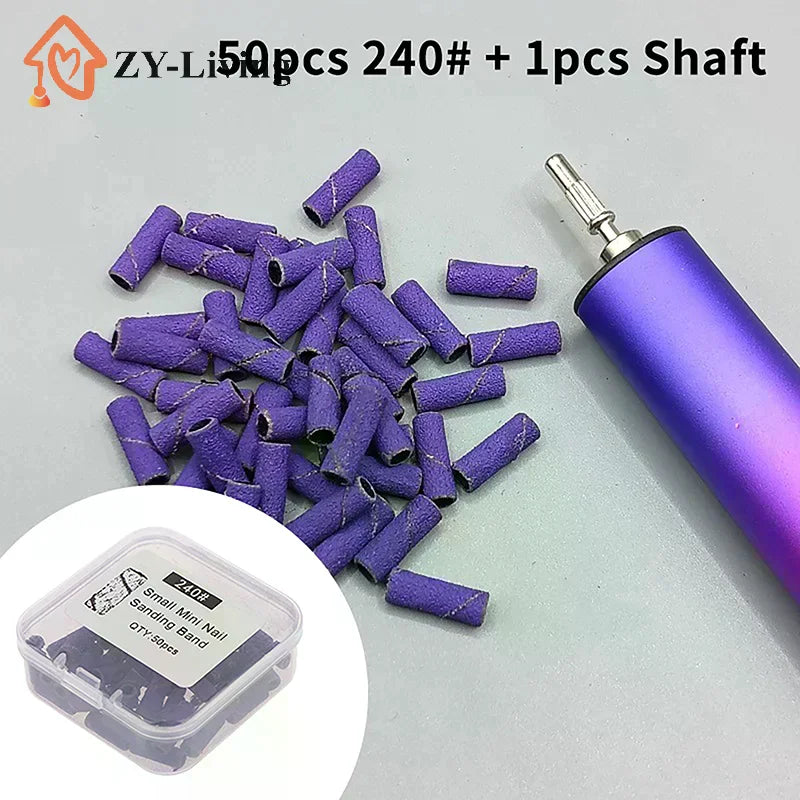 50PCS Tapered Nail Sanding Bands With Metal Mandrel, Purple 240 Fine Grit Sanding Bands For Nail Drill Manicure Quake