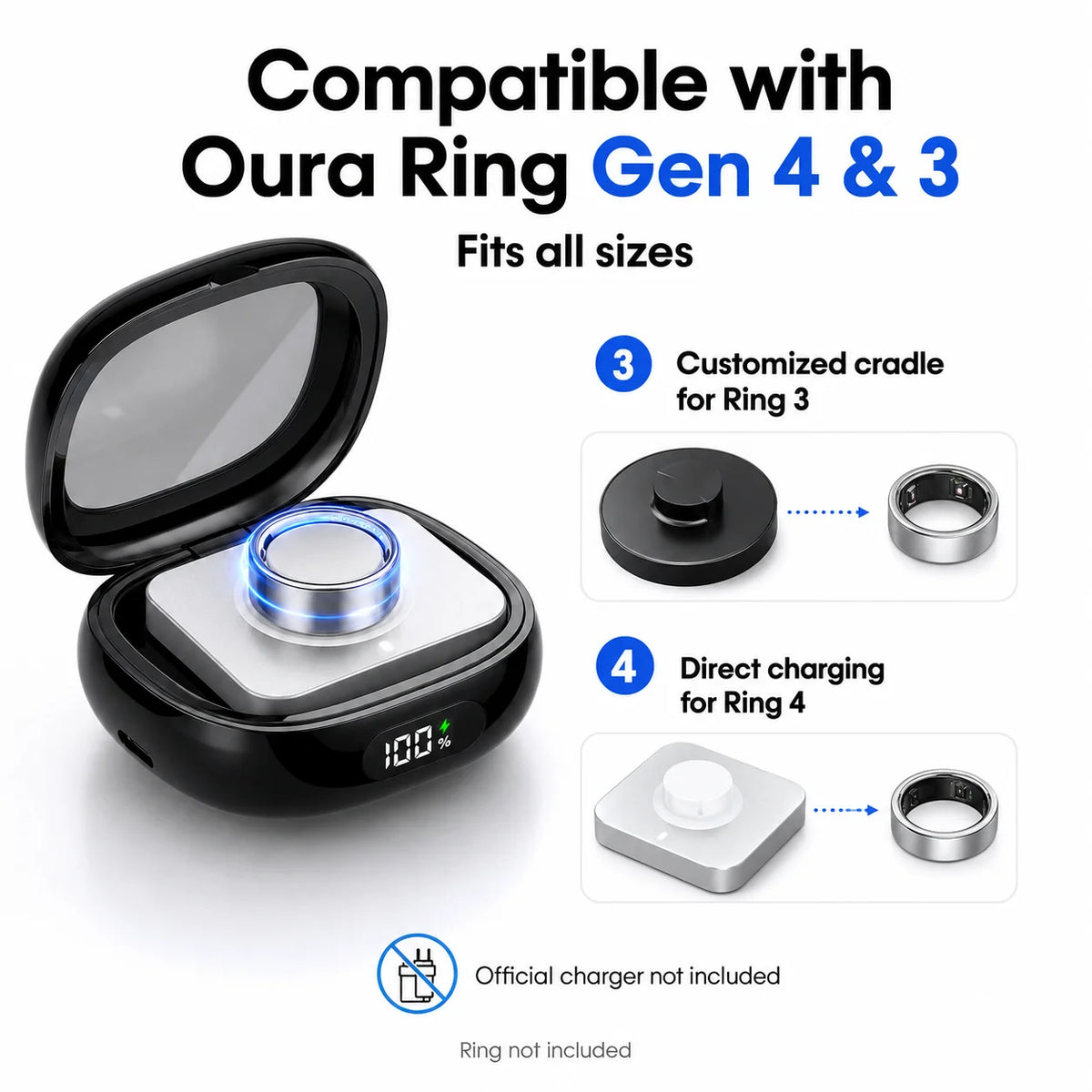 Charging Case for Oura Ring Gen 4 3 2000mAh Portable Power Bank Charger Box Type-C Travel Charging Case All Sizes Quake