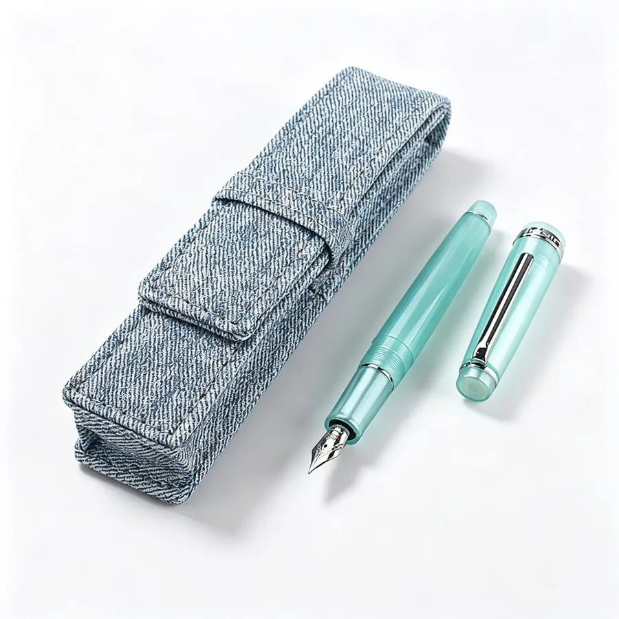 Jinhao 82 Light Cyan Resin Fountain Pen Silver Metal Nib Retro Smooth Writing Ink Pen With Denim Pen Sleeve Stationery PK 59 Quake 82-2 F 0.5MM