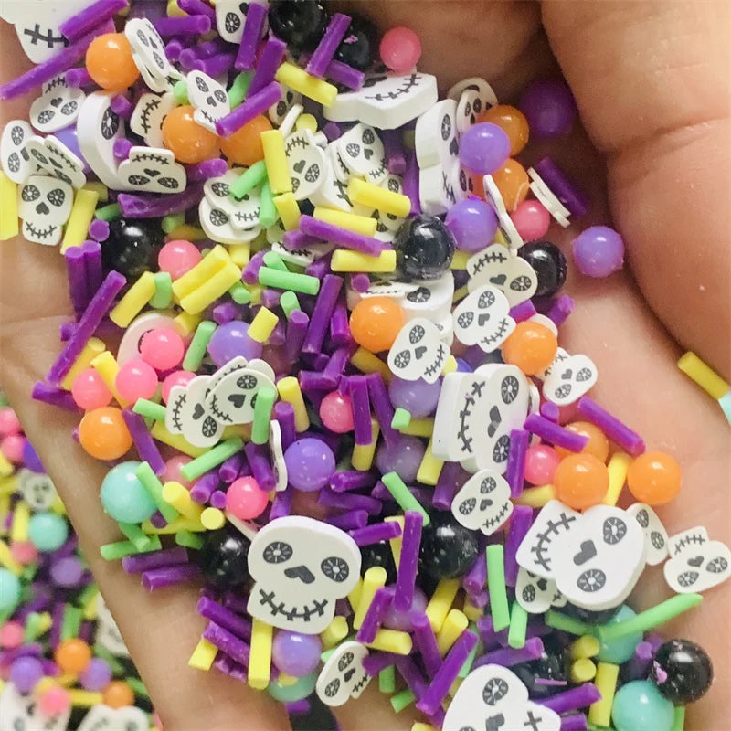 50g Halloween white Skull Slices Polymer Hot Clay mixed Ball Sprinkles Red Ball for Crafts DIY Slime Filling Accessories Quake