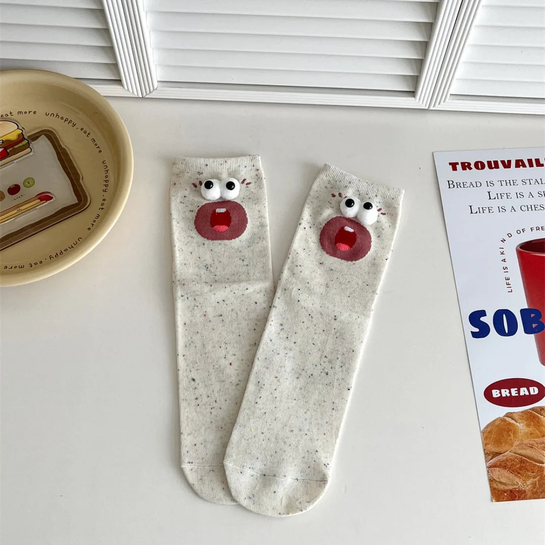 Funny Expression Women's Socks Spring Summer School Students Wearing Cute Cartoon Big Eyes Men Socks Friends Birthday Gifts Quake 1PC-red round mouth One Size