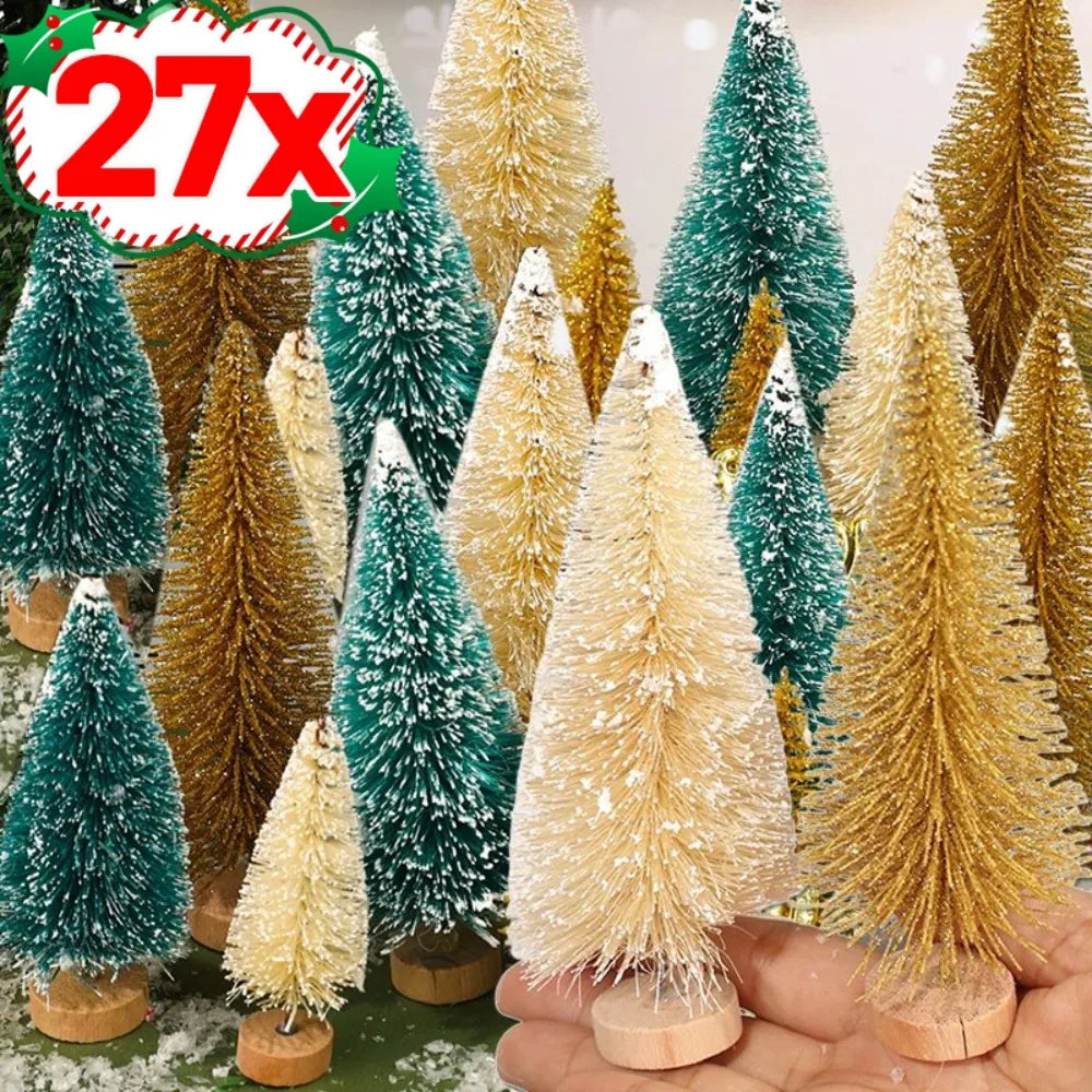 27/9PCS Mini Christmas Tree Artificial Miniature Pine Tabletop Tree Wood Base Xmas Ornaments Christmas Crafting Party Decoration Quake