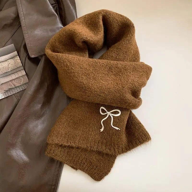 1pc College Style Imitation Cashmere Scarf Winter New Item Solid Color Embroidered Bow Couple Scarf Quake