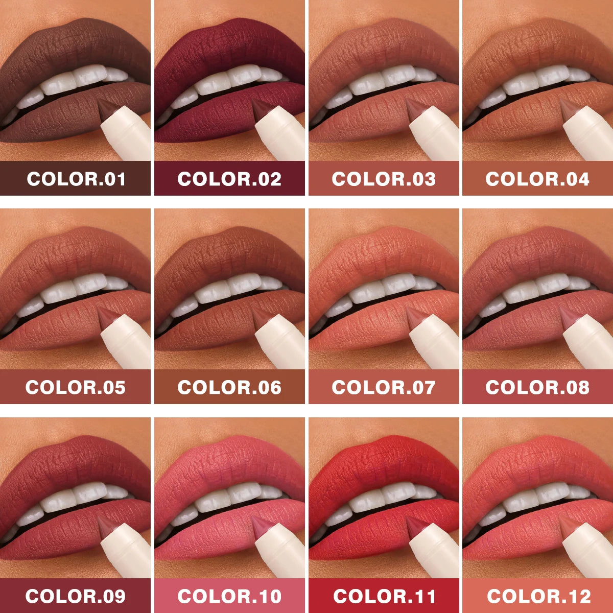 12 Pcs Matte Long-lasting Lipliner Set, Crayon Nib Design Lip Line Lipstick Dual Use, High Color Rendering, Matte Non-stick Quake