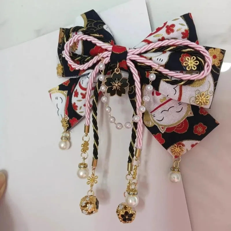 Japanese Style Girl with Hot Stamping Cherry Blossom Bow Hair Accessory Lolita Tassel Edge Clip Quake