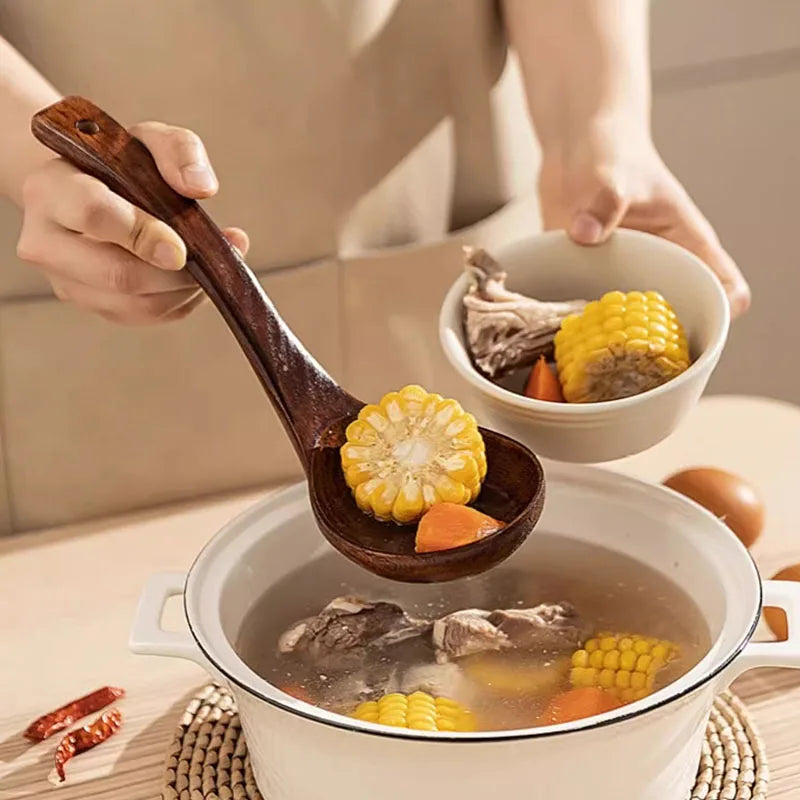 Teak Wooden Ladle Spoon Kitchen Serving Spoon With Back Hooks Non-stick Wooden Soup Ladle For Cooking Serving And Stirring Quake