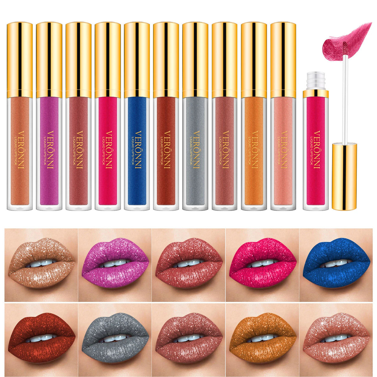 10 Color Glitter Liquid Lipsticks Shimmer Shiny Lipgloss Pearlescent Lip Tint Waterproof Long Lasting Matte Diamond Lips Glaze Quake