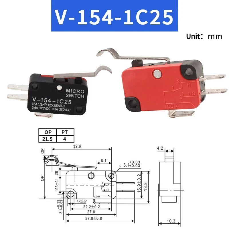 Small Travel Limit Switch V-152/156-1C25 Self-resetting 3-pin Miniature Push Button Tactile Microswitch Quake V-154-1C25 1PCS