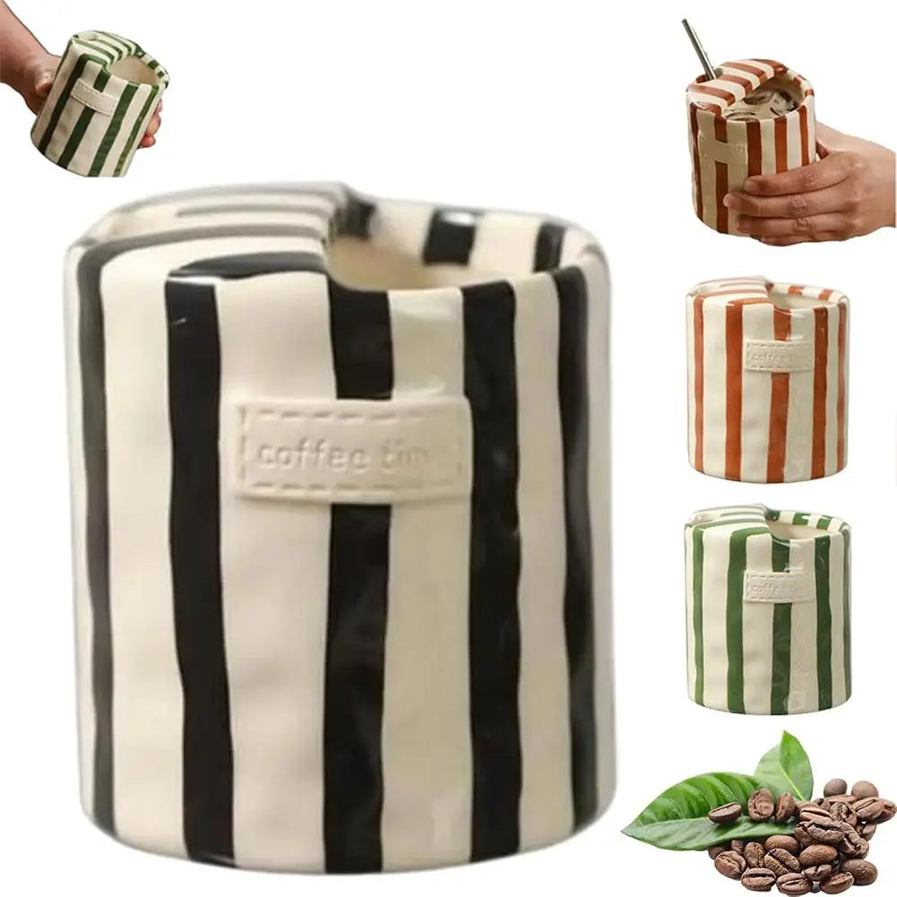 Vintage Stripe Hand Painted Ceramic Mug Creative Dual Compartment Coffee Cup for Office Afternoon Tea Breakfast Quake