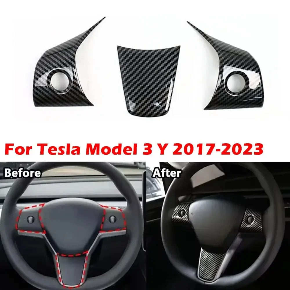 For Tesla Model 3 Y 2019-2023 ABS Carbon Fiber Style Interior Car Steering Wheel Cover Trim Frame Decor Modified Accessories Quake Default Title