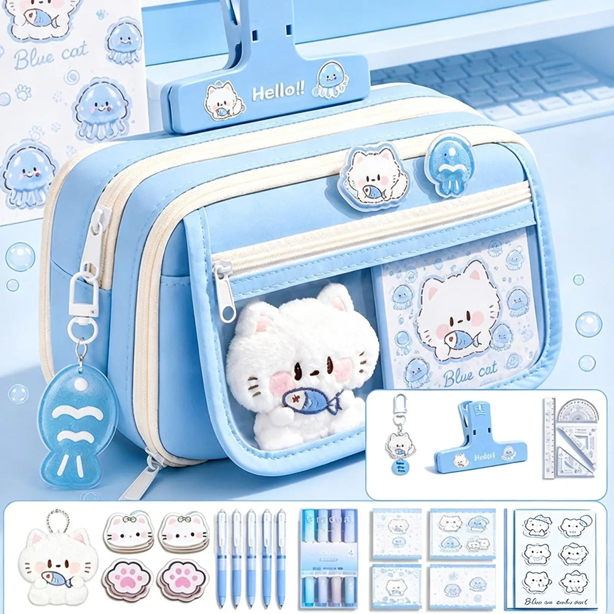 Pencil Bag Zipper Cat Large Capacity Multi-Compartment Organizer Kids School Pen Case Pencil Pouch for Boys Girls Student School Quake