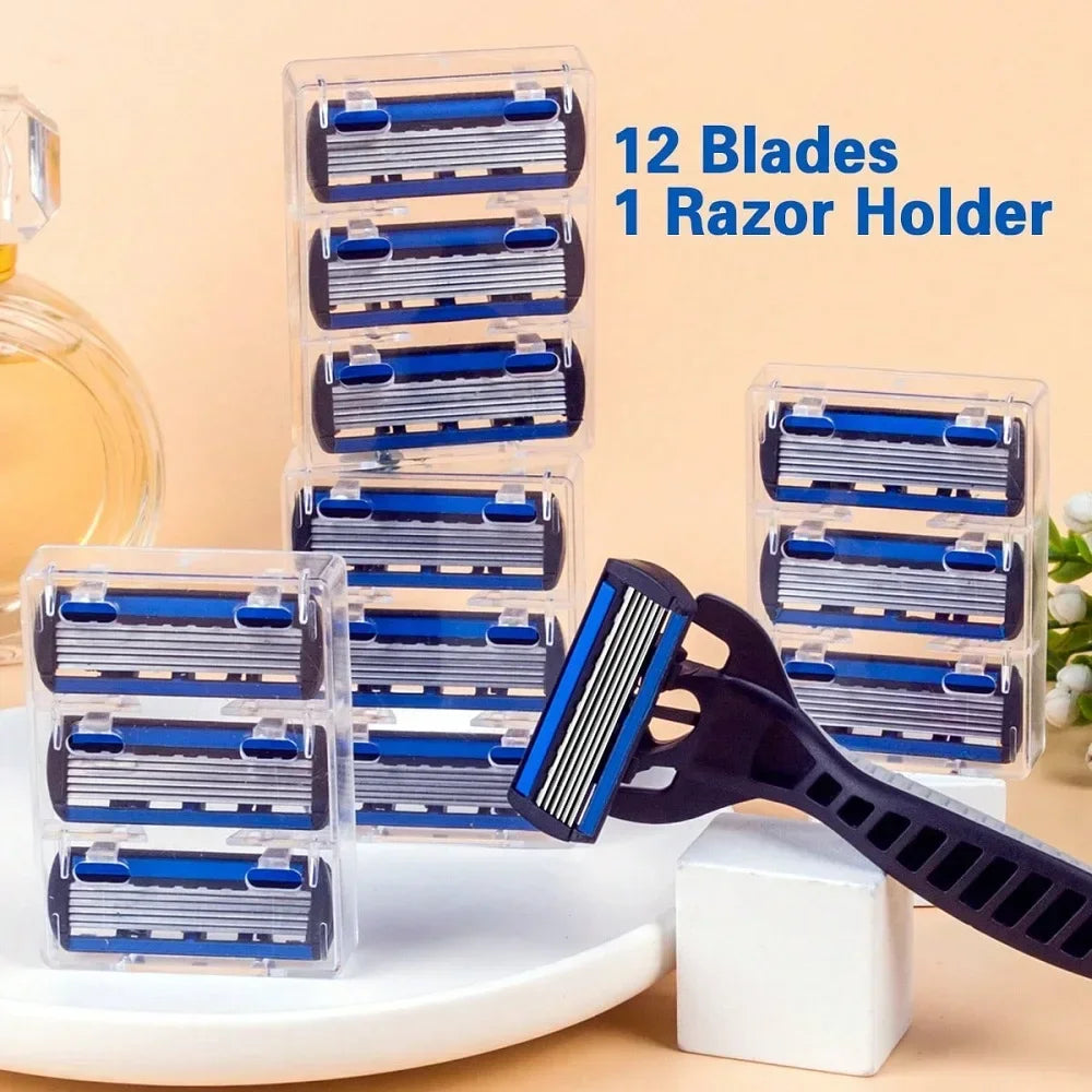 vvocci 6-Layer Stainless Steel Manual Safety Razor with 12 Replaceable Blades – Shaving Kit for Men & Women Quake M393 grey 13pcs