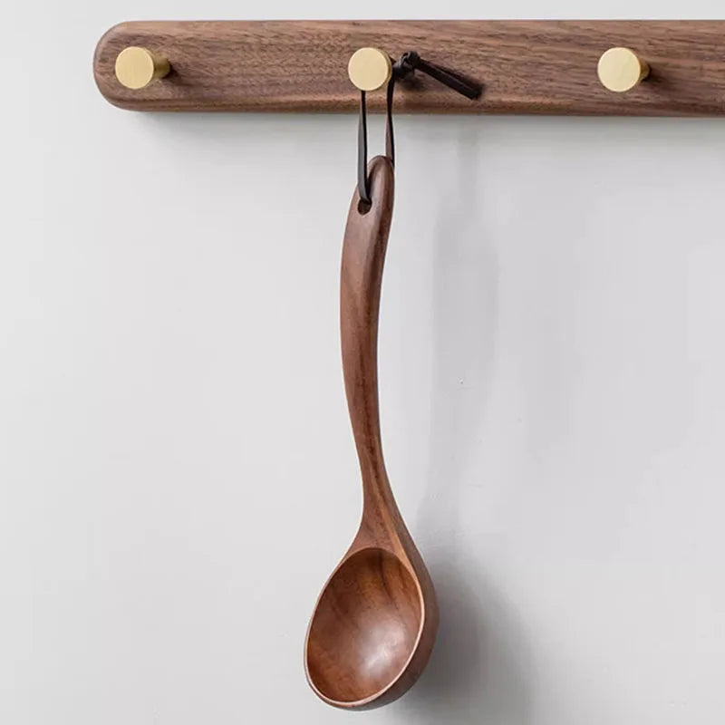 Teak Wooden Ladle Spoon Kitchen Serving Spoon With Back Hooks Non-stick Wooden Soup Ladle For Cooking Serving And Stirring Quake