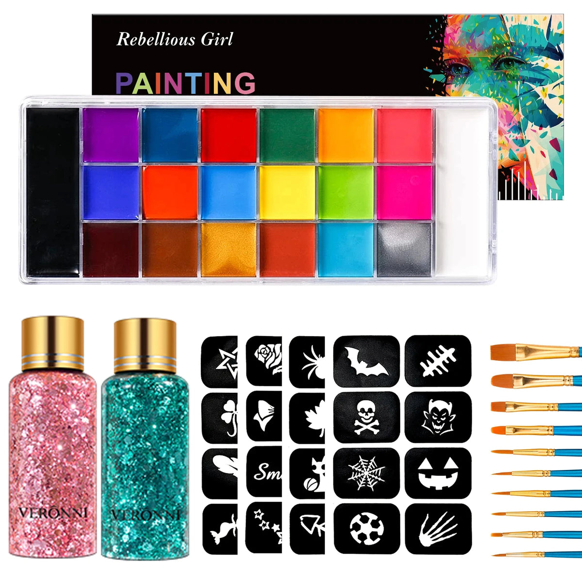 20 Colors Face Body Paint Palette Oil Makeup Set SFX Body Art Halloween Party Painting with 10 pcs brushes,Tattoo Stencil kit Quake 5 pcs B Set