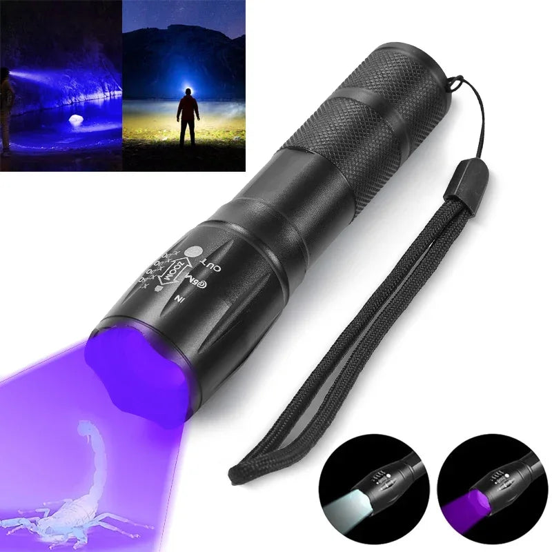 LED Flashlight Ultraviolet White Lamp Double Lamp Retractable Zoom Flashlight Fluorescence Detection Currency Check Light VCK Quake White Purple 395nm black