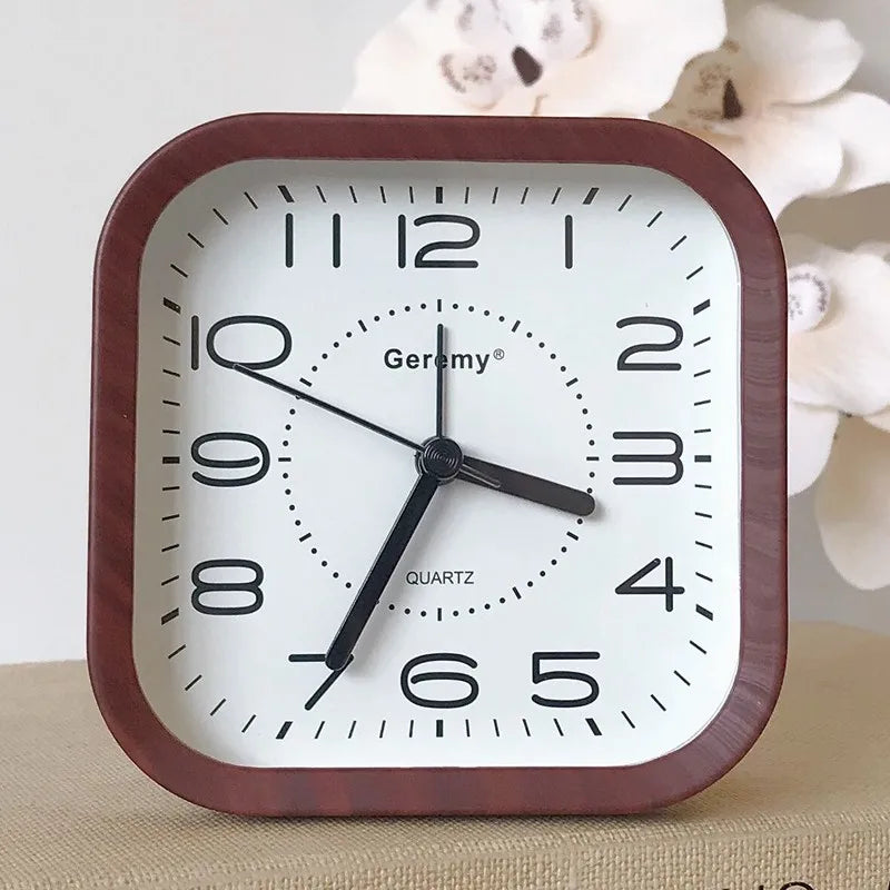 Simple retro imitation wood grain alarm clock - home desktop square clock ornament - student large digit bedside clock Quake C