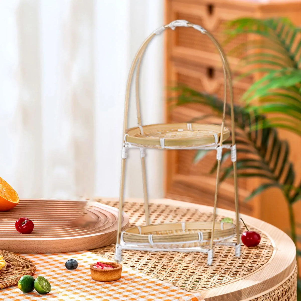 Woven Tray Lightweight Bamboo Snack Basket Multipurpose Organizer for Cookies Serving Cafe Indoor Quake 2 Layer