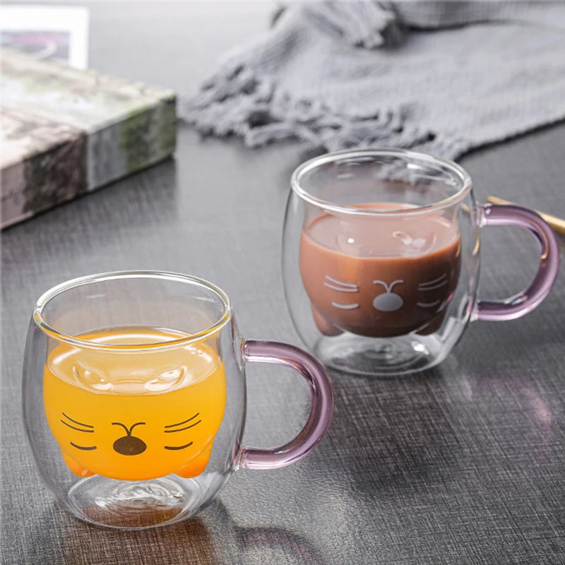 1/2pcs Cute Cat Mugs With Handle Glass Double Wall Insulated Glass Espresso Cup Coffee Milk Mug Gift Quake