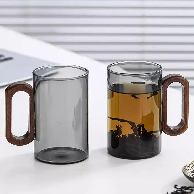 120/200/300/360ml Glass Cups With Walnut Handle Coffee Mug Set Heat-resistant Teacup Household Office Drinking Glasse 2pcs Quake