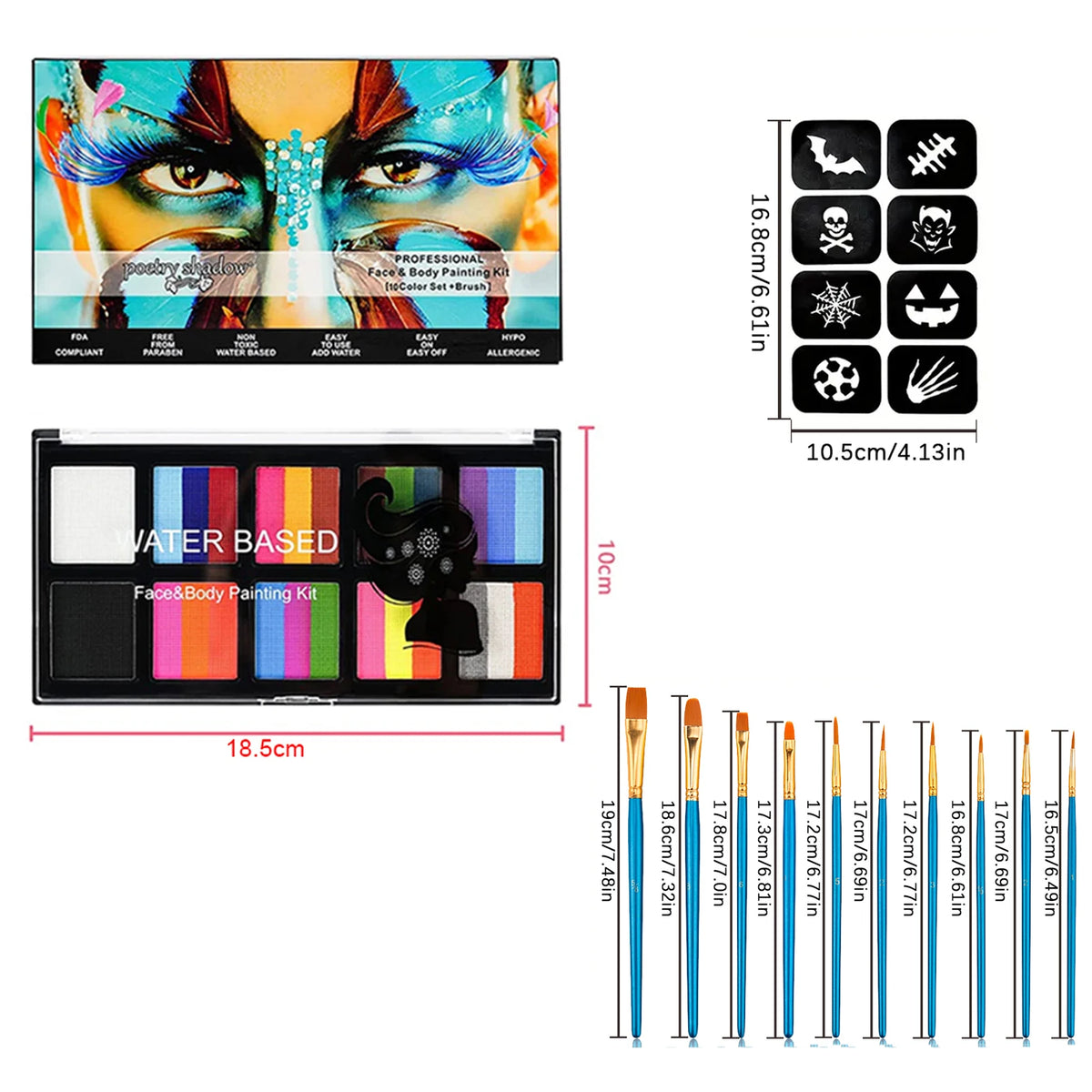 Body Face Painting Kit for Kids Adults,10 Color Face Makeup Palette with Brush,Halloween Carnival Artist Cosplay Art Party Quake 3 pcs
