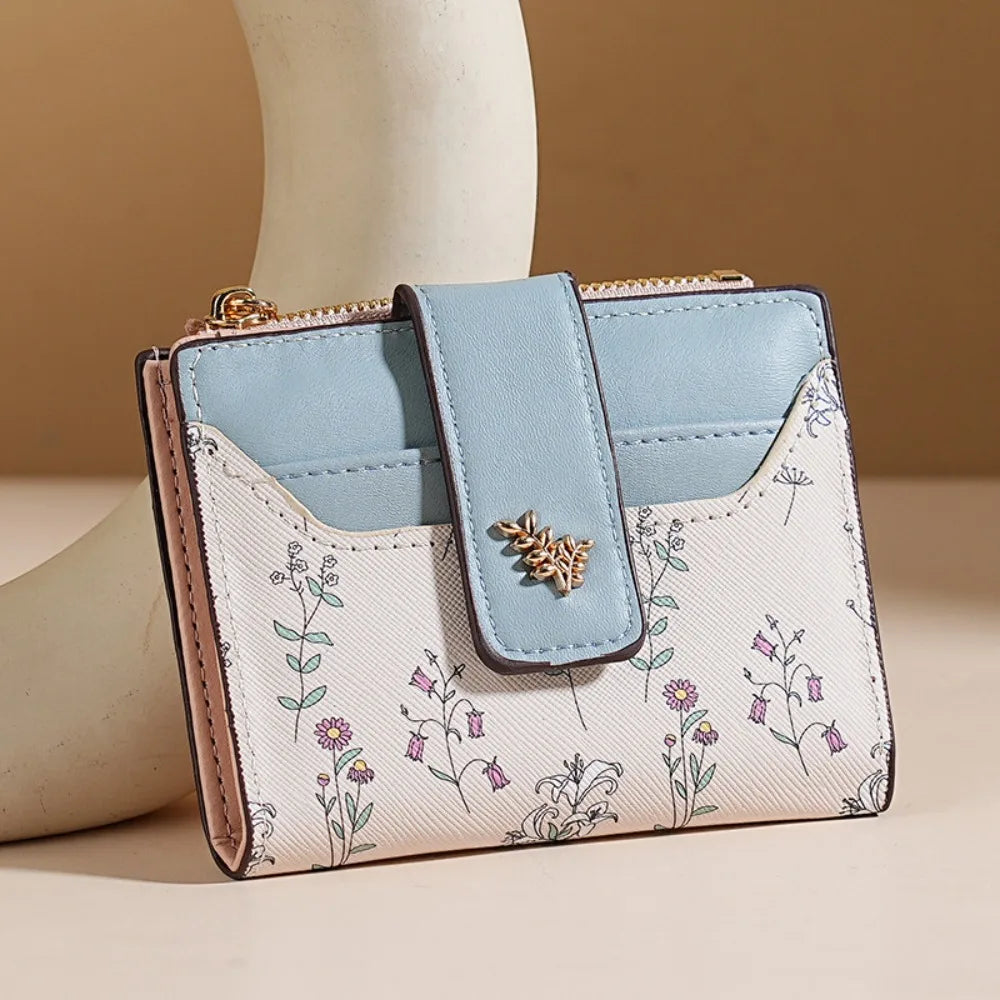 Fashion PU Leather Women Short Wallet Multi-Cards Small Flowers Slim Small Wallet Zipper Hasp Coin Purse Women Quake Blue