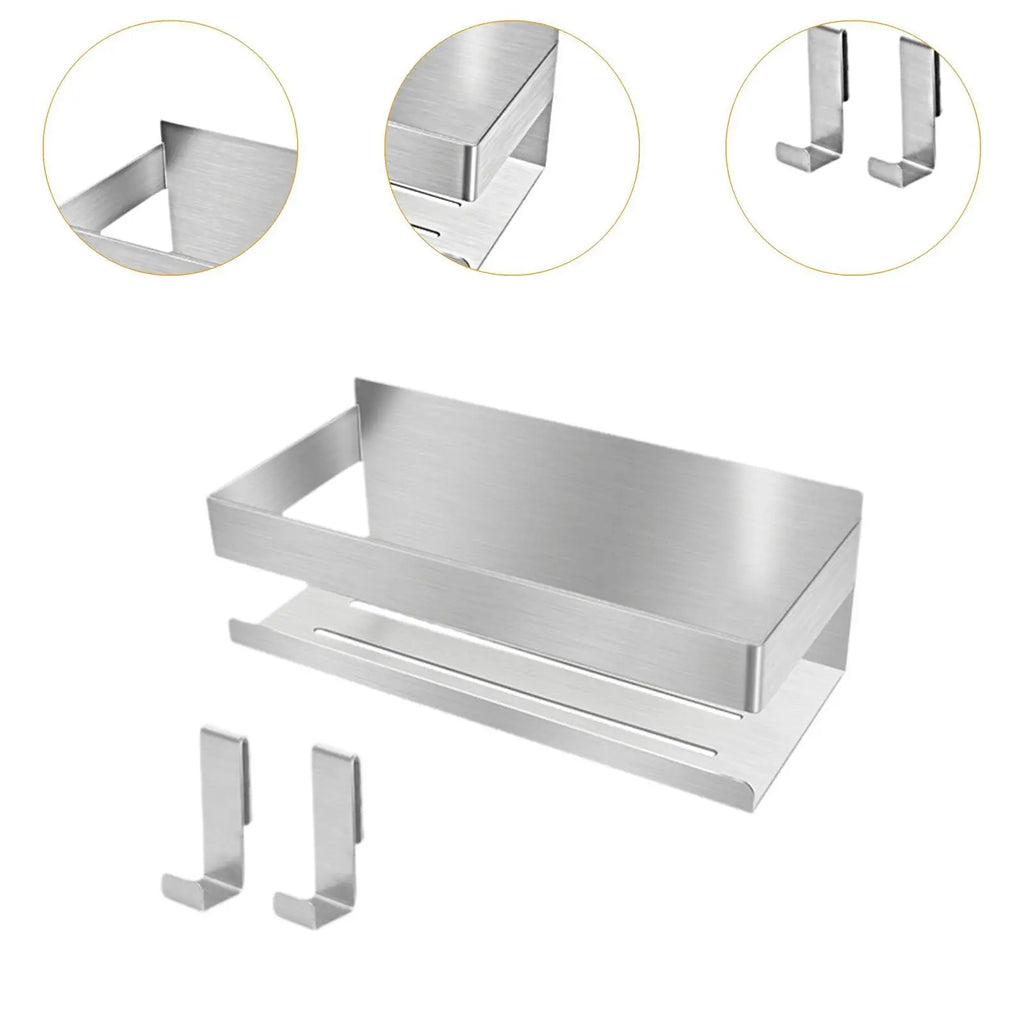 Bathroom Storage Rack with 2 Hooks Smooth Punch Free Rustproof Space Saving Multipurpose for Lavatory Bathroom Hotel Home Use Quake