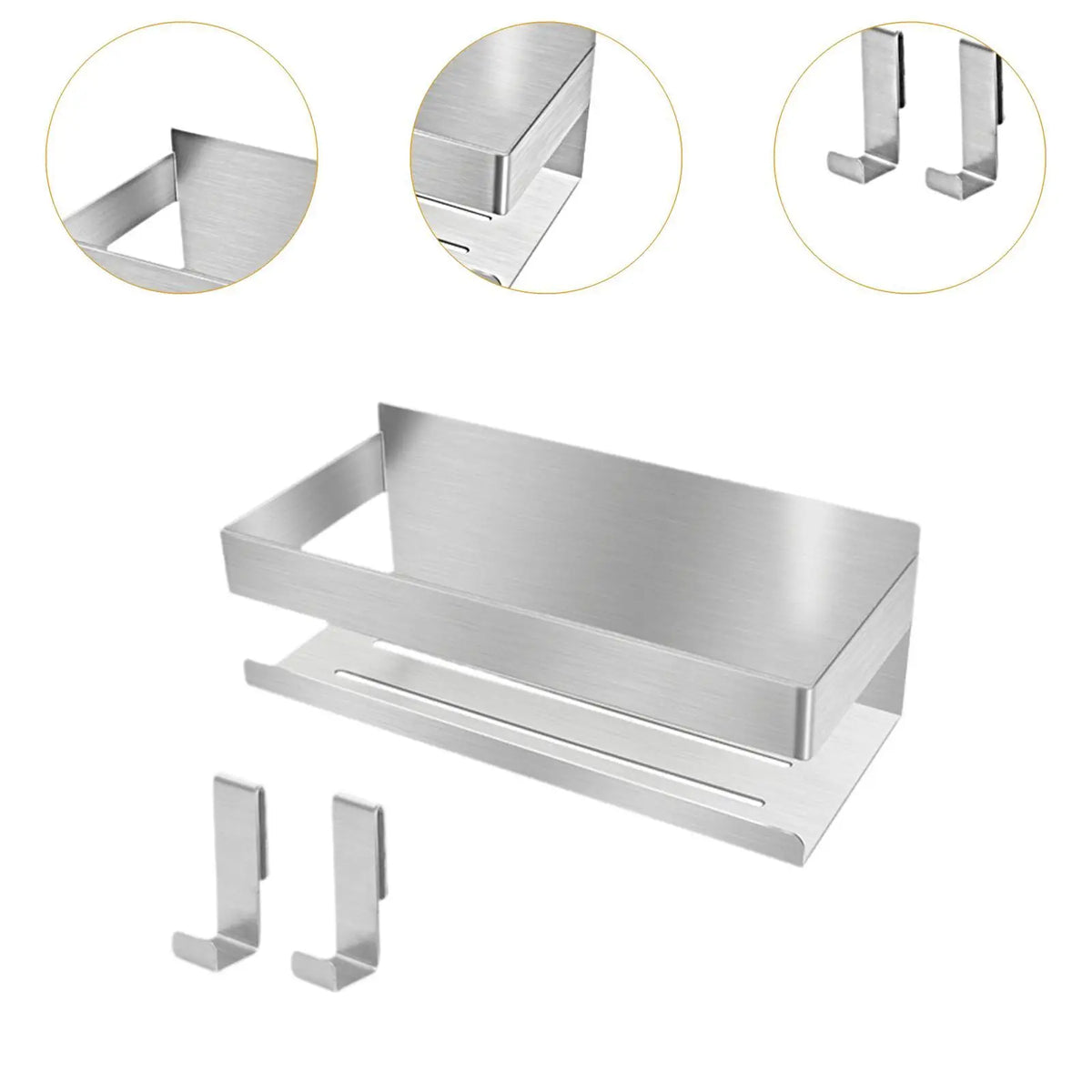 Bathroom Storage Rack with 2 Hooks Smooth Punch Free Rustproof Space Saving Multipurpose for Lavatory Bathroom Hotel Home Use Quake