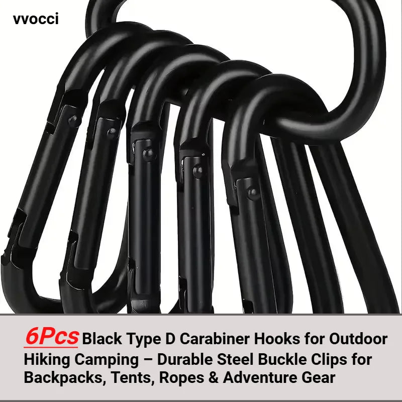 6Pcs Black Type D Carabiner Hooks for Outdoor Hiking Camping–Durable Steel Buckle Clips for Backpacks,Tents,Ropes&Adventure Gear Quake