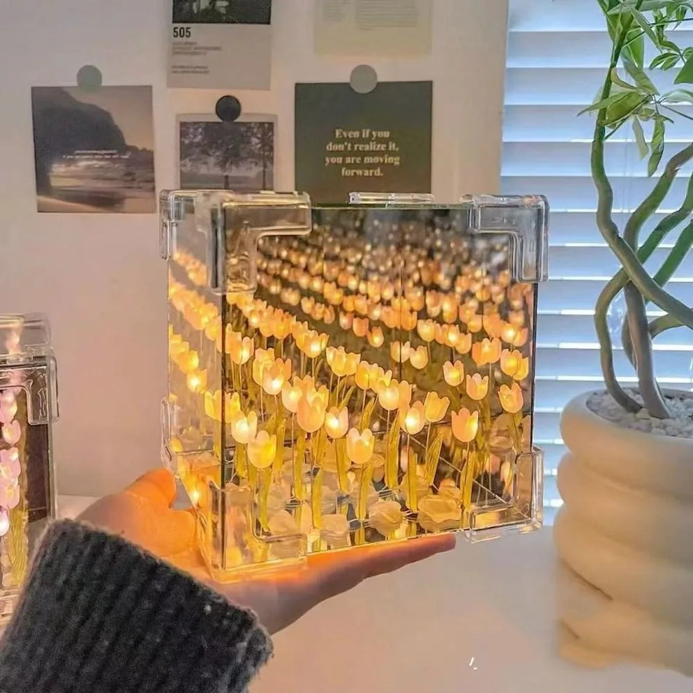 Excluding Gift Bags Tulip Night Light Acrylic 21 Flowers Tulips Flower Table Lamp Magic Cube Handmade DIY Mirror Light Quake Yellow