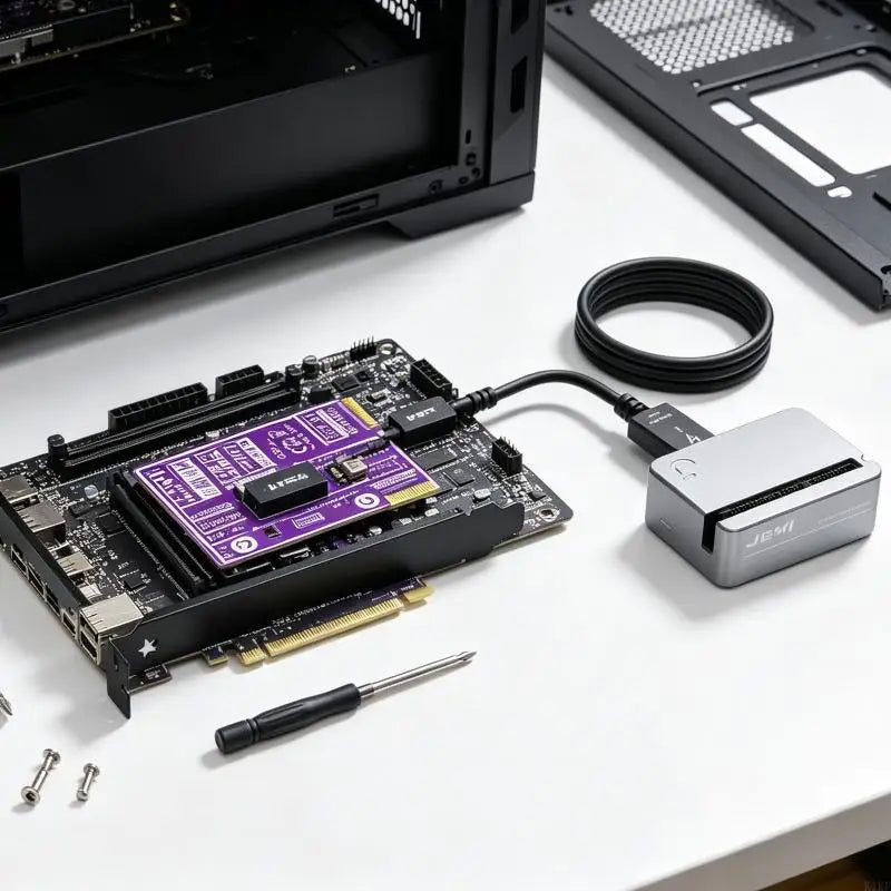 PCIE4.0 Extension with a Cable-Linked External Enclosure for Positioning Compatible Devices Outside a Desktop Case K1KF Quake