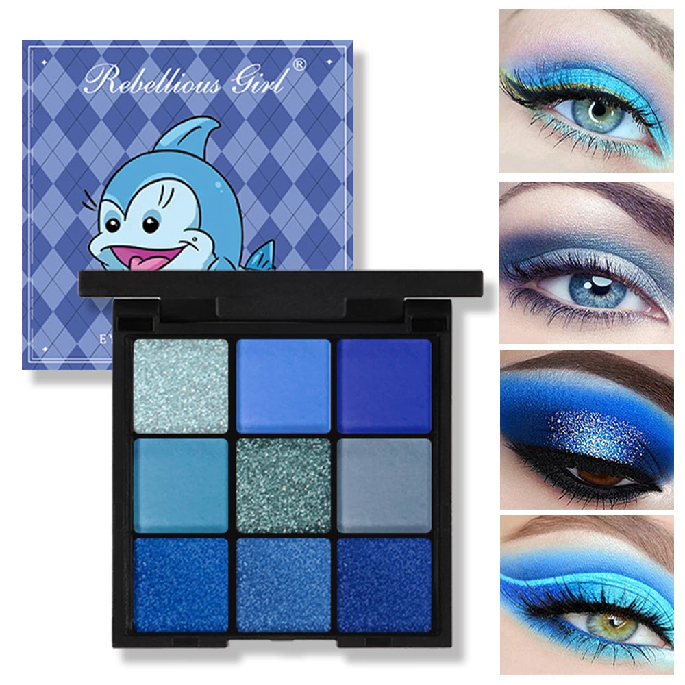 9 Color Eyeshadow Palette Blue Waterproof Sweatproof Blue Matte Pearl Glitter Finish Performance Stage Makeup Music Festival Quake
