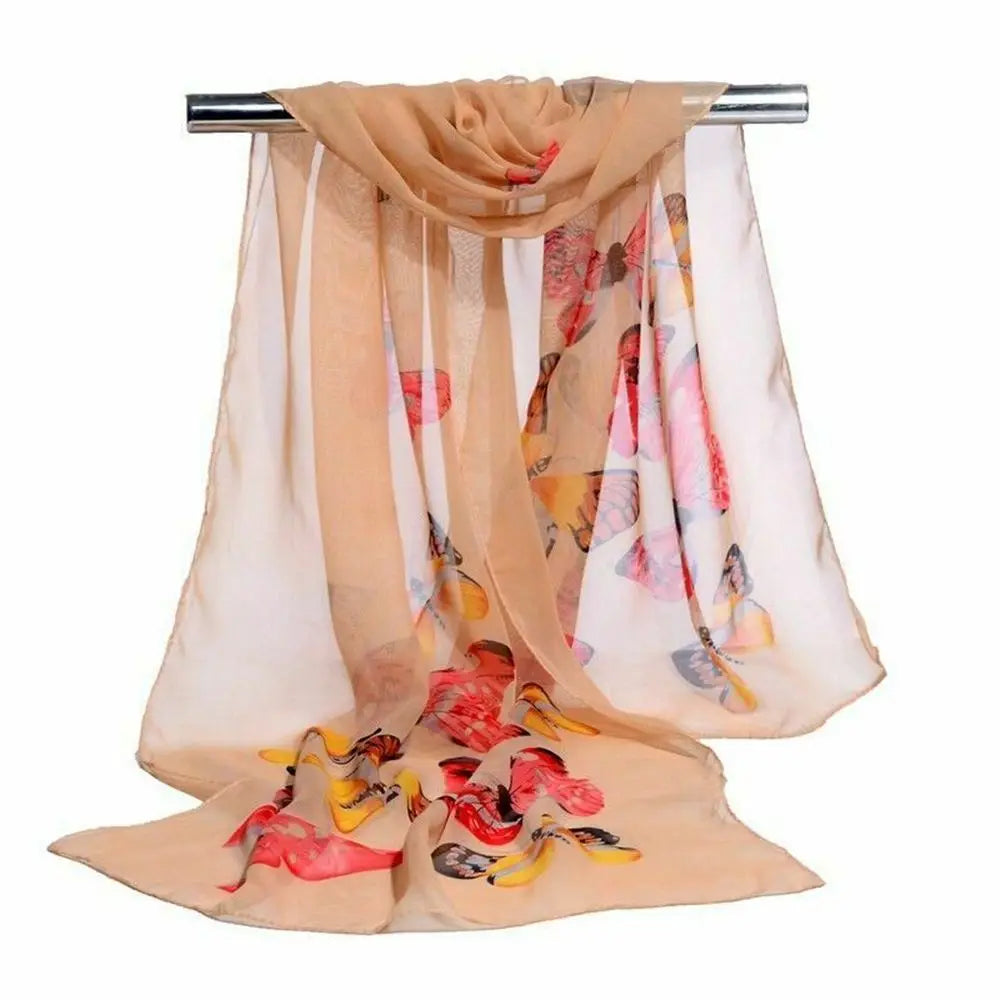 New Trendy Elegant Silk Scarves Women's Butterfly Flower Print Long Chiffon Scarf Soft Wrap Lady Shawl Fashion Accessories Quake apricot